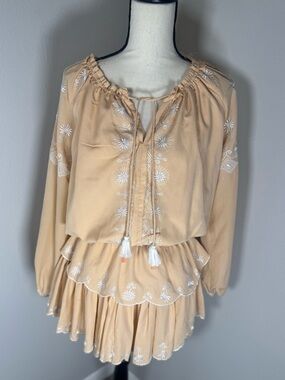 Kas New York Boho Embroidered Tassel Mini Dress XS Light Peach